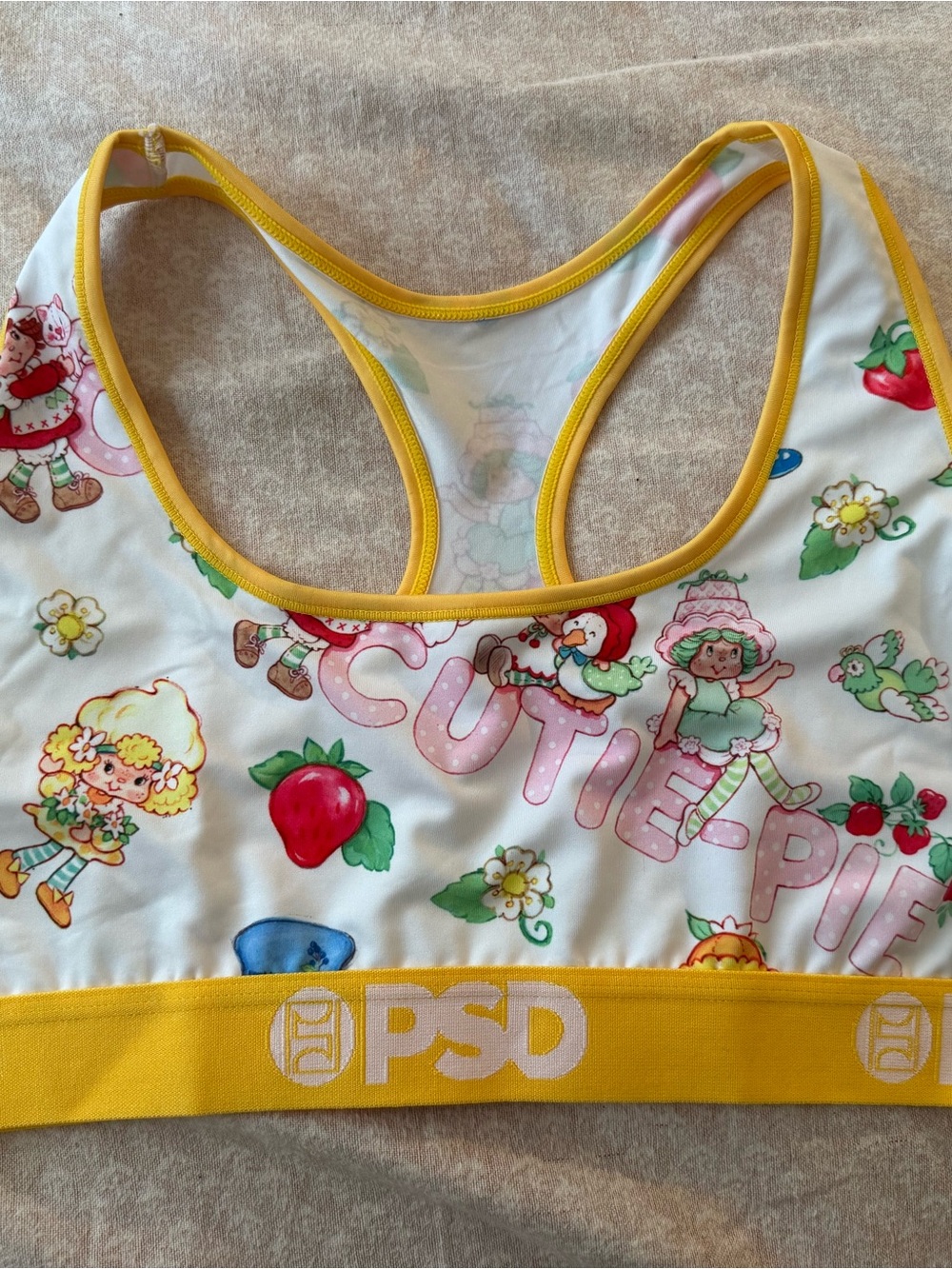 PSD White Strawberry 'Cutie Pie' Print Sports Bra with Yellow Trim